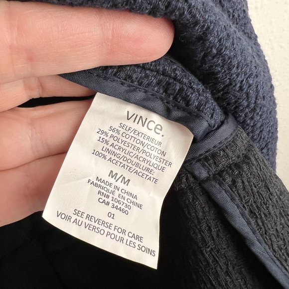 Vince Navy Blue Black Cotton Blend Boucle Long Sleeve Open Front Jacket Sz M - Picture 5 of 6